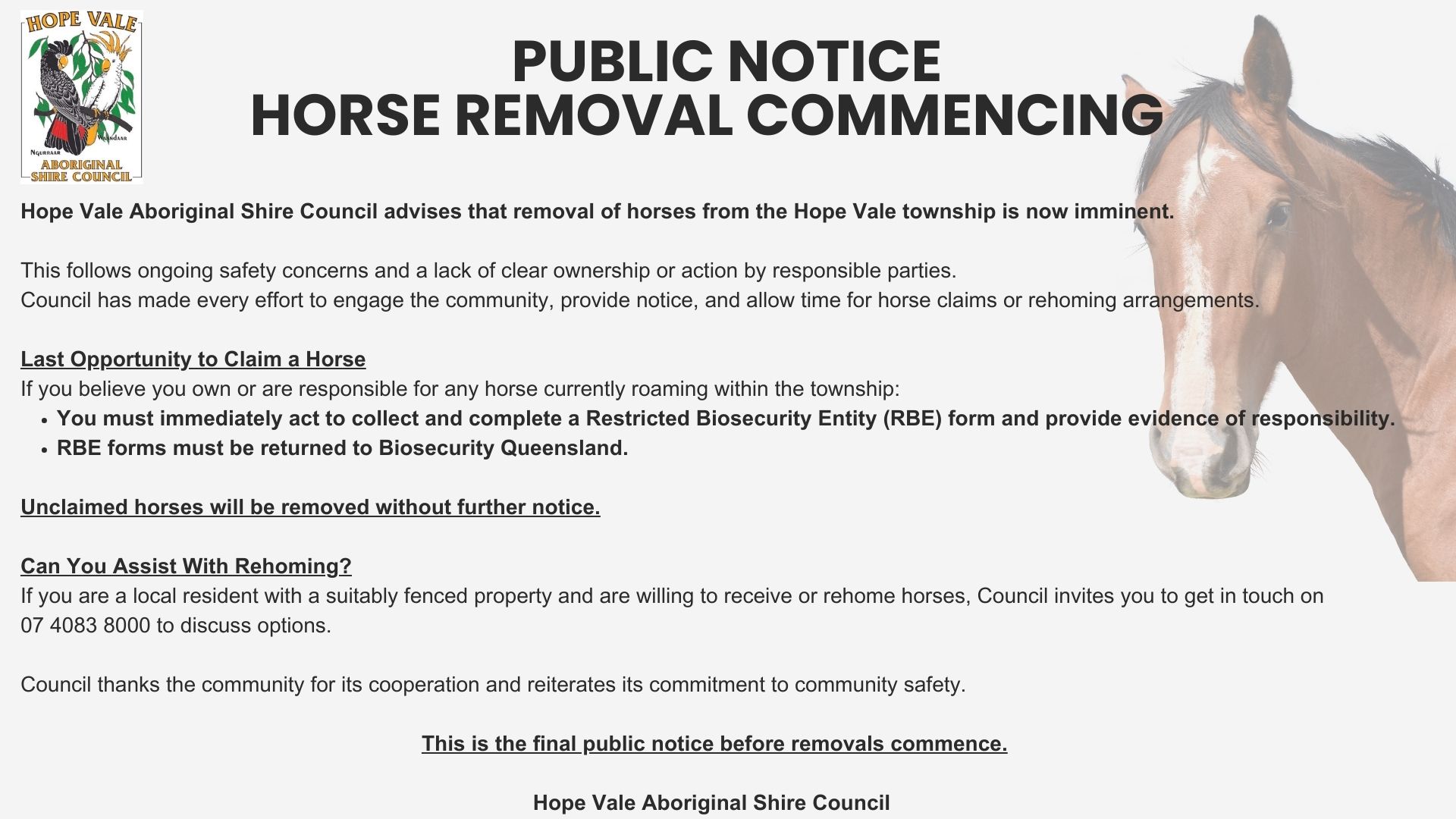 Hope vale horse notice 2025